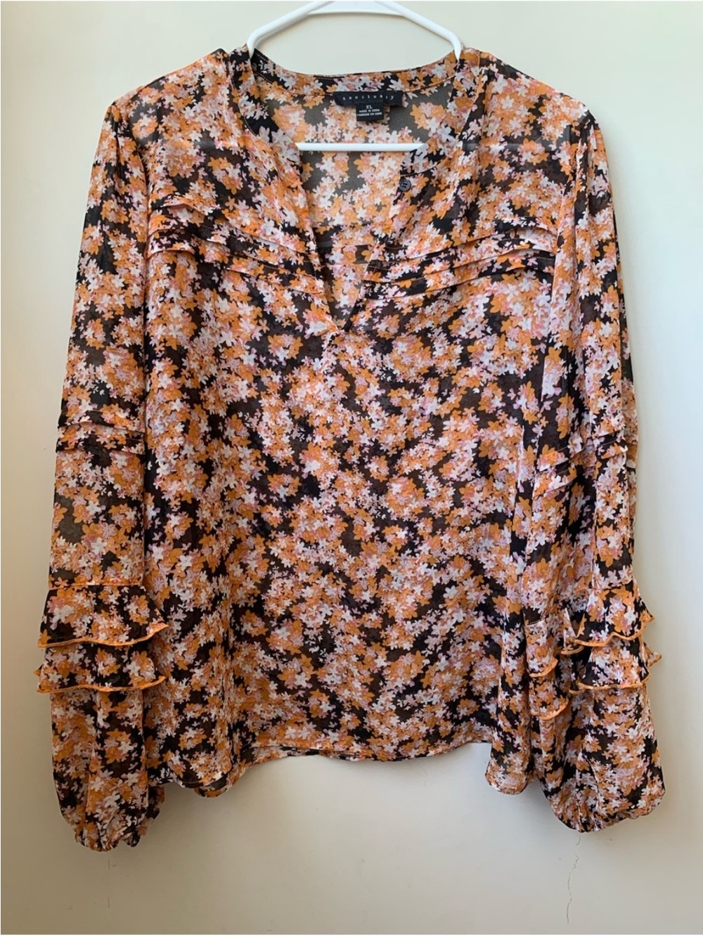 SANCTUARY Women’s Black Orange Cream Lilac Floral Pattern Long Sleeve Blouse - Picture 6 of 7